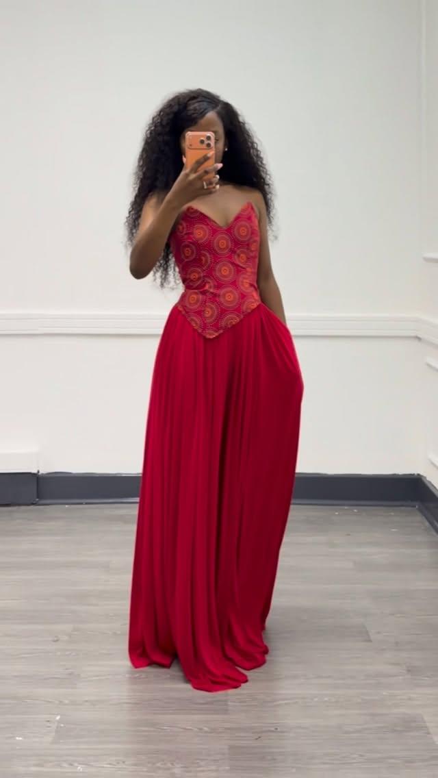 Elan By Kristen — red African print bodice with a flowing red skirt