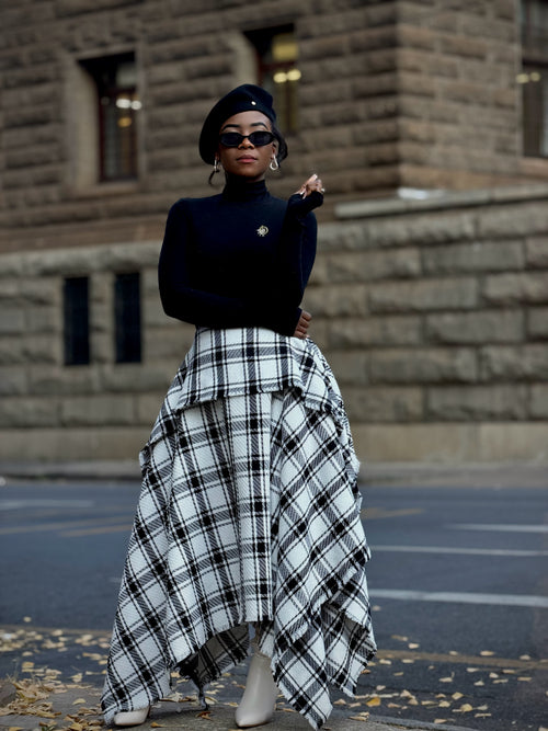Black and white plaid asymmetric skirt, additional view