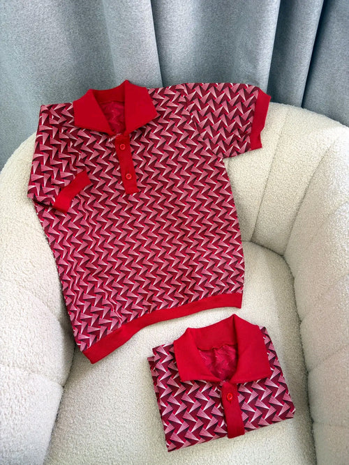 Shweshwe Golf Tshirt in Red Geo Weave print, flat lay