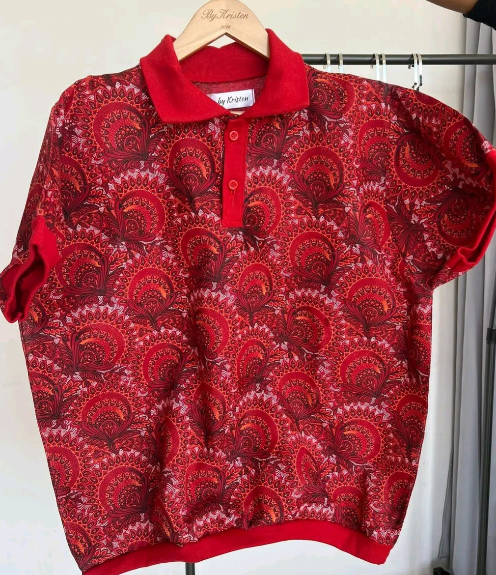 Shweshwe Golf Tshirt in Red Royal Paisley print